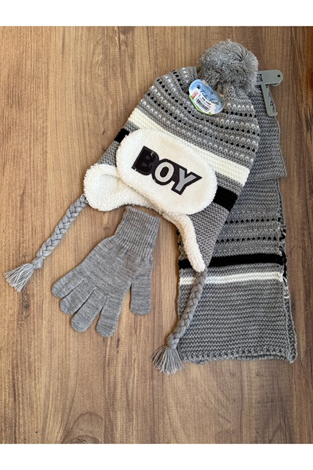 Boy's Gray Colorful Plush Pompom Inside 3-Piece Set Scarf Beanie Gloves Set