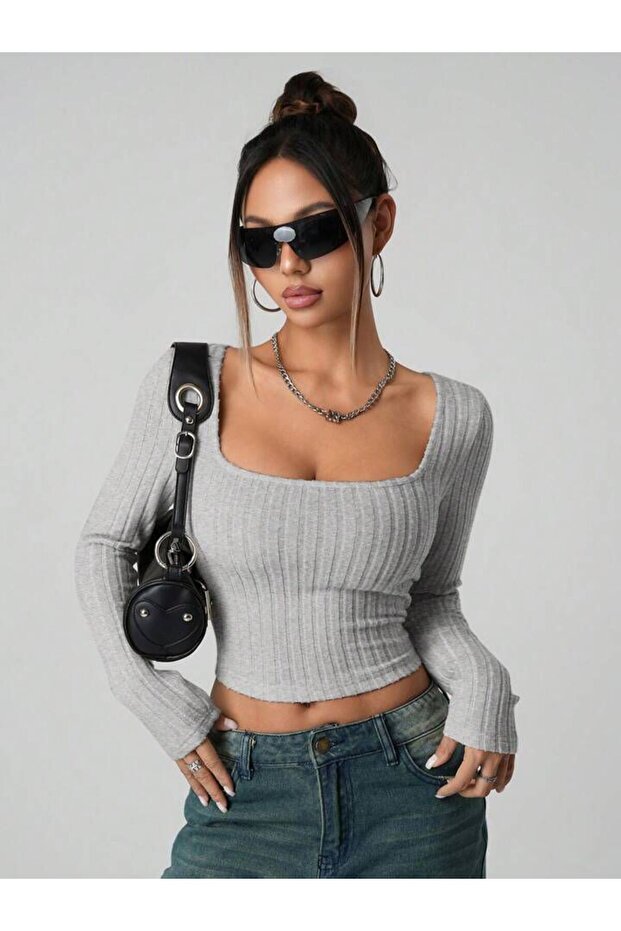 Women's Gray Ribbed Knitted Fabric Long Sleeve Bodysuit