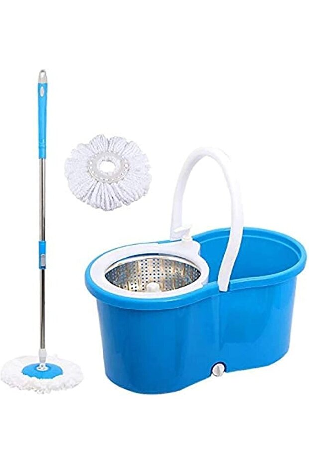 360° Spin Steel Bowl Bucket Mop Set (Blue)