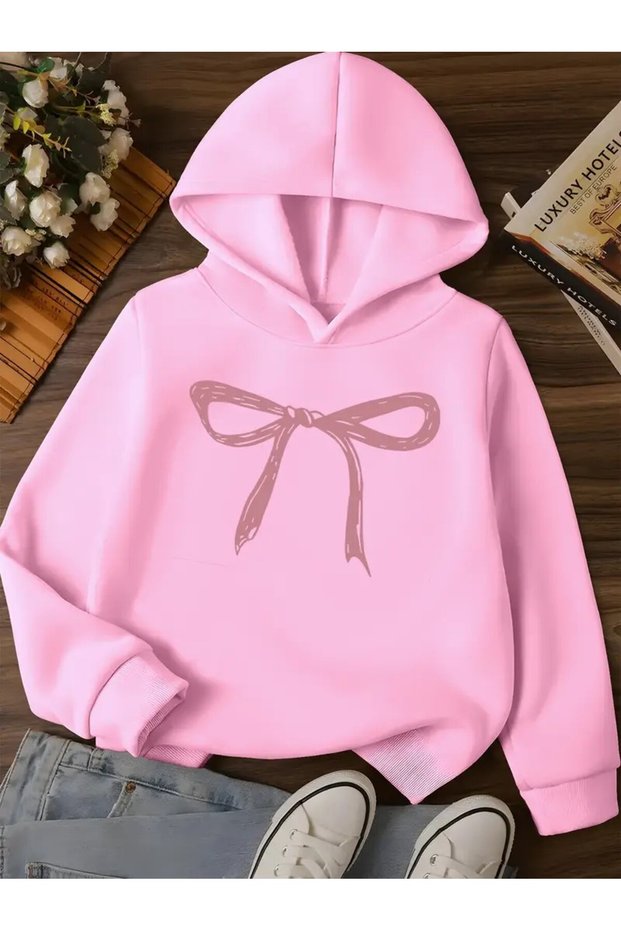 Ribbon Printed Hooded Sweatshirt