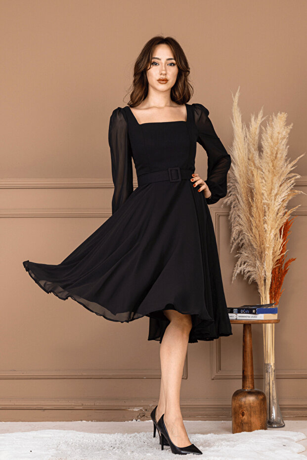 Şifon Krep Kumaş Kare Yaka Midi Elbise - SİYAH - 7