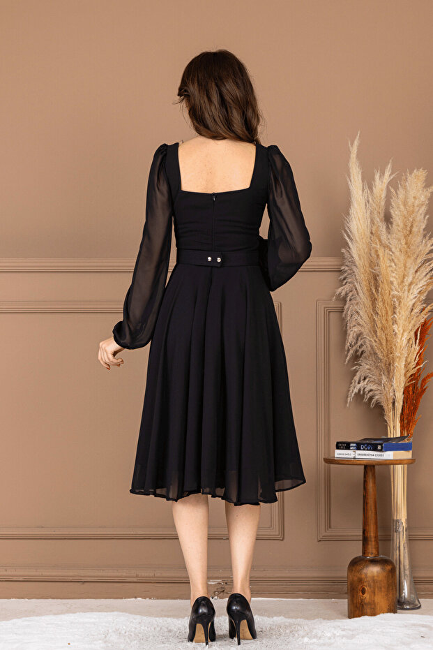 Şifon Krep Kumaş Kare Yaka Midi Elbise - SİYAH - 8