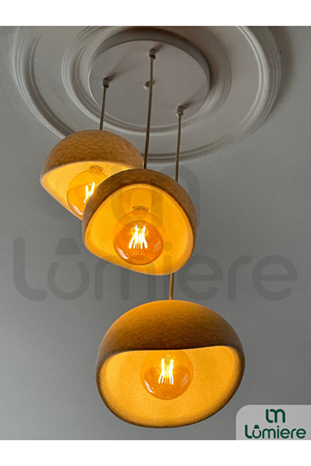 Beton Görünümlü İskandinav &Bohem Tarz 3’lü Sarkıt Avize -Profesyonel Tasarım,Gün Işığı Ampul İçerir - 5