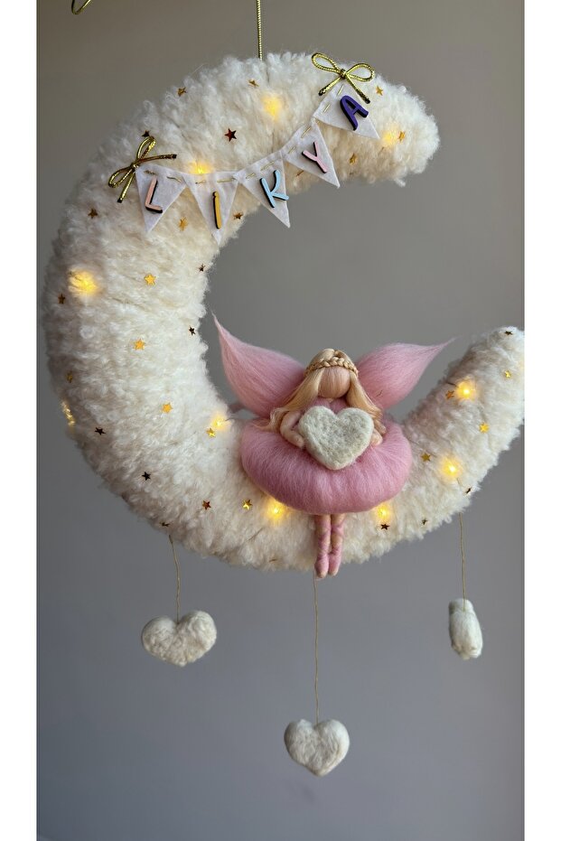 Işıklı ay kapı süsü, keçe peri bebek - 1