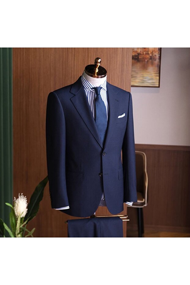 Men's Navy Blue Slim Fit Slim-Fit Mono Collar Suit Dark Blue