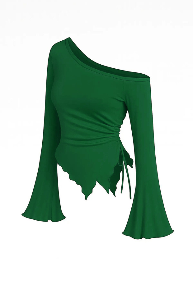 Women's Green Long Spanish Sleeve Asymmetrical Neckline Side Tie Draped Blouse