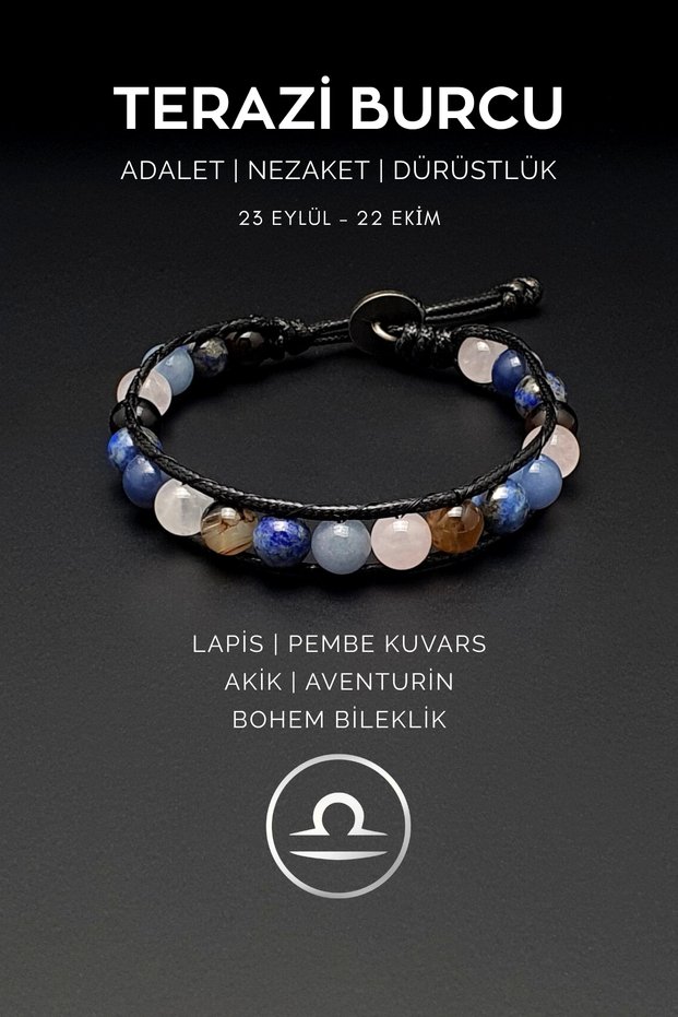 Handmade Libra Zodiac Bohemian Bracelet – Lapis Lazuli, Pink Quartz, Agate and Aventurine Stones