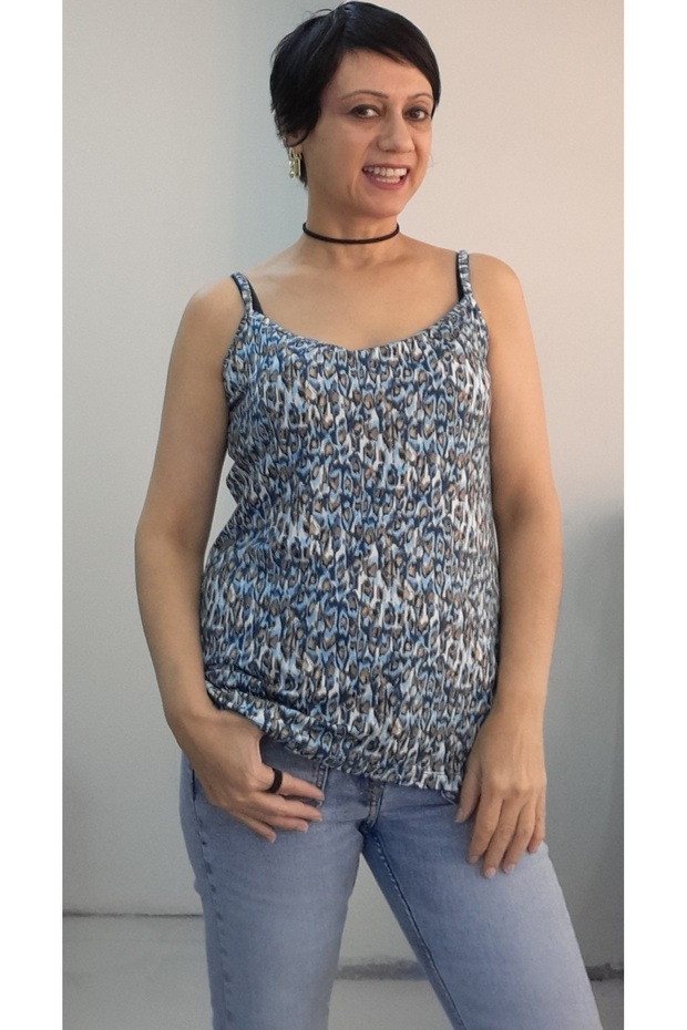 Blue Indigo Latte Patterned Rope Strap Combed Viscose T-Shirt