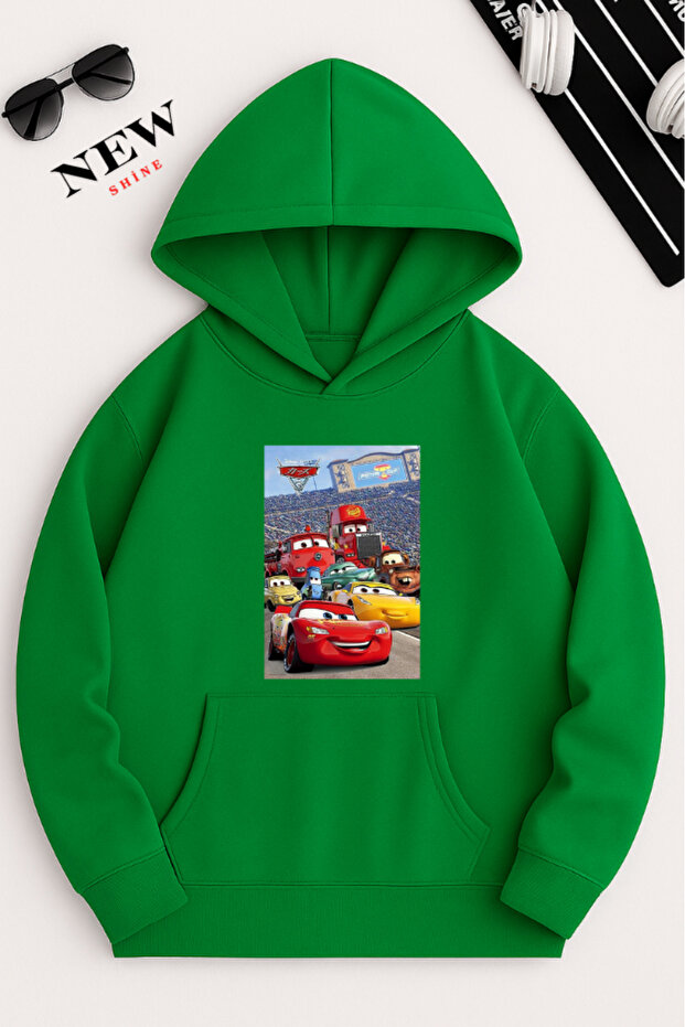 Colorful Cars Printed Hooded Sweatshirt