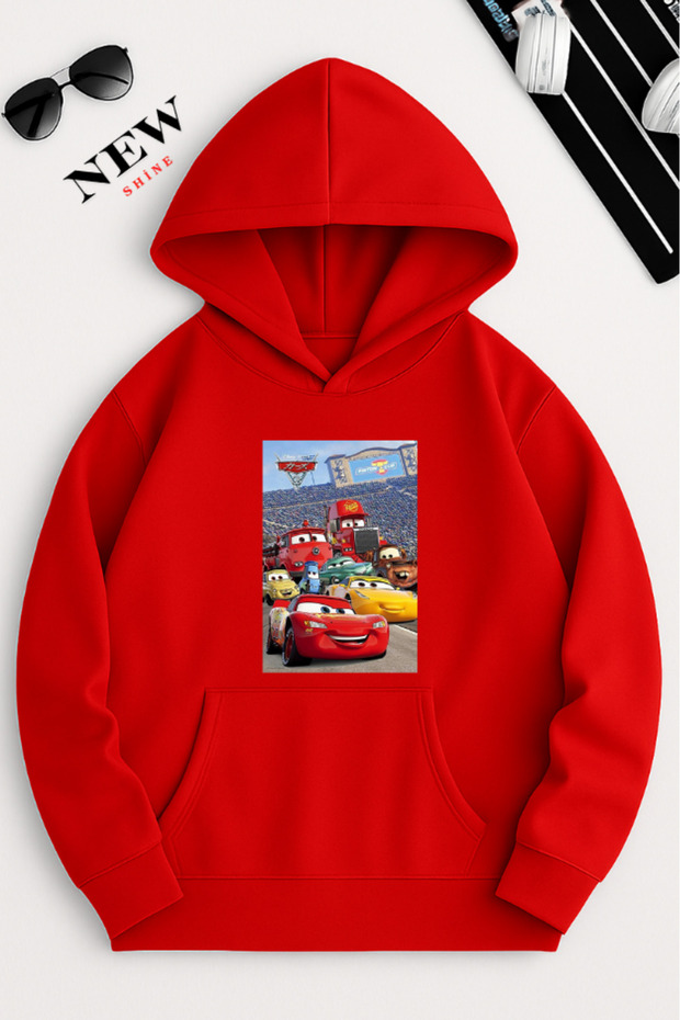 Colorful Cars Printed Hooded Sweatshirt