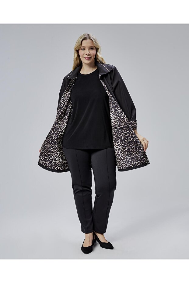 Leopar Detaylı Kapüşonlu Trençkot - Siyah - 1