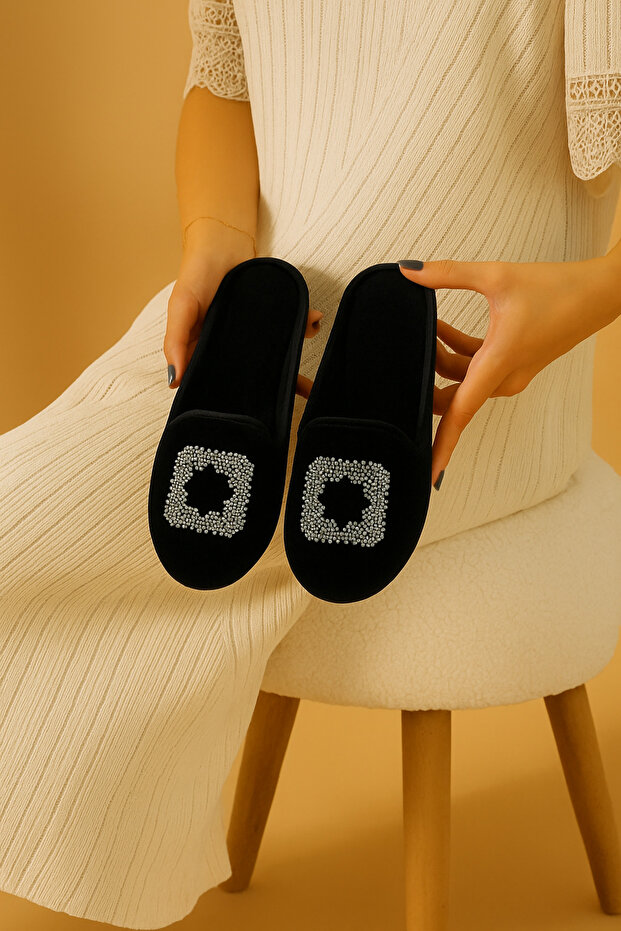 Furry and Stoned Closed-Front Bohçalık Dowry Women's Winter House Slippers