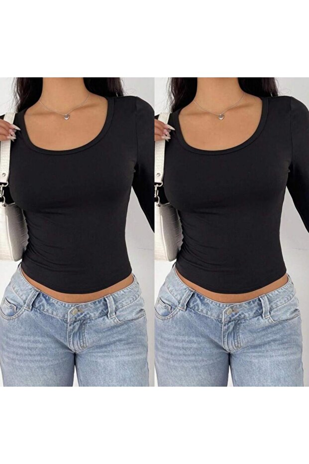 2 Pcs Square Neck Basic Solid Fabric Long Sleeve Lycra Blouse - 1