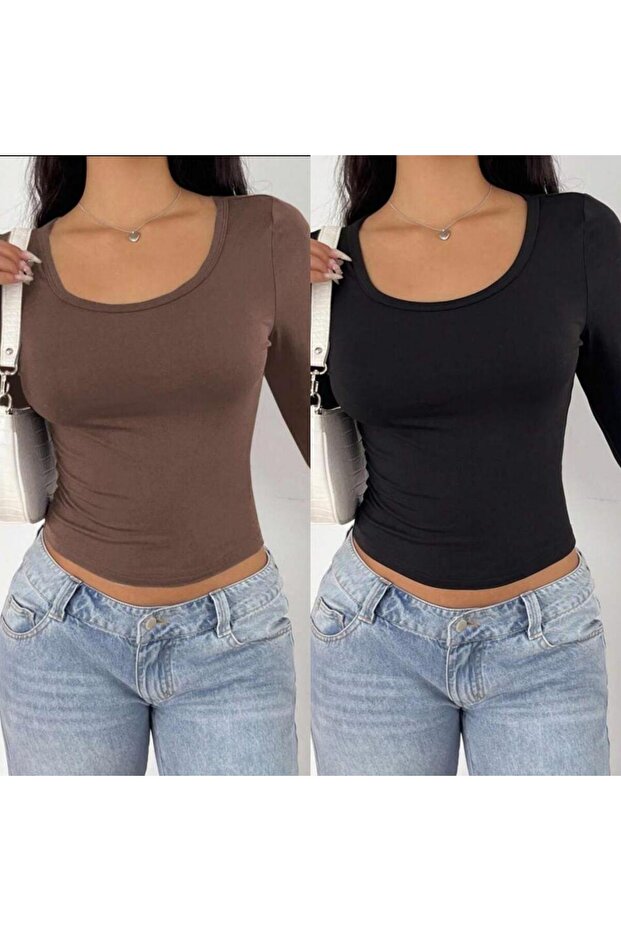 قطعتان من البلوزات ذات الأكمام الطويلة من قماش الليكرا ذو الياقة المربعة - 1