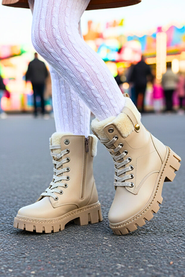 Kız Çocuk Kürklü Kalın Tabanlı Bot – Bej, Bağcıklı Fermuarlı, Kışlık Bot - 1