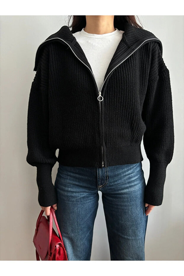 Kadın Devrik Yaka Siyah Oversize Triko Hırka - 3