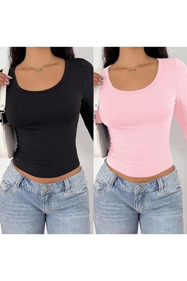 قطعتان من البلوزات ذات الأكمام الطويلة من قماش الليكرا ذو الياقة المربعة - 1