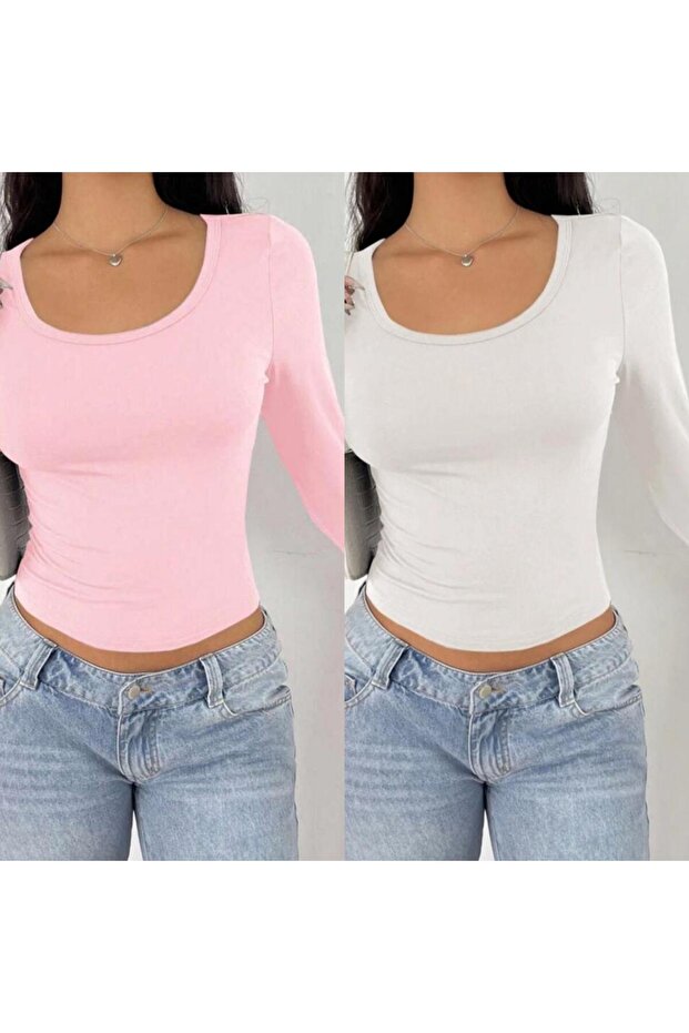 2 Pcs Square Neck Basic Solid Fabric Long Sleeve Lycra Blouse - 1