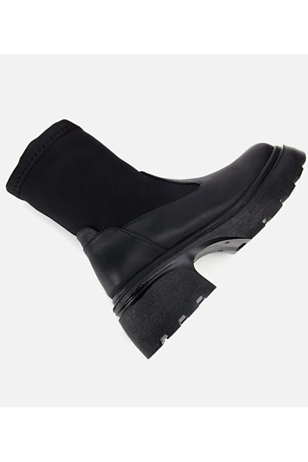 Kadın Siyah Streç Kalın Tabanlı Bilekte Düz Bot - 6