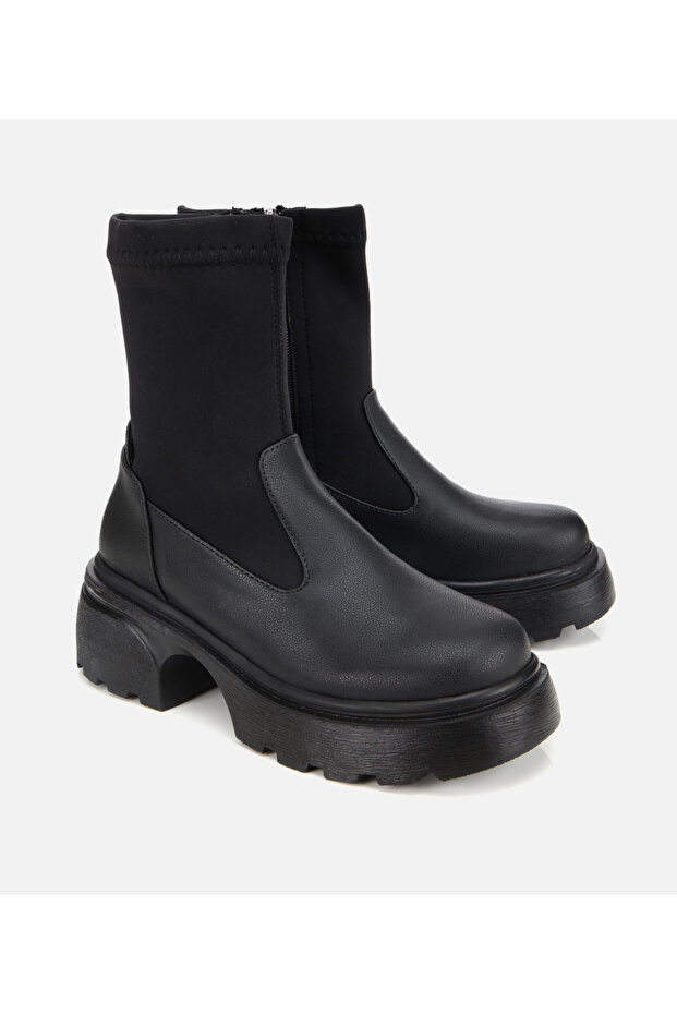 Kadın Siyah Streç Kalın Tabanlı Bilekte Düz Bot - 2