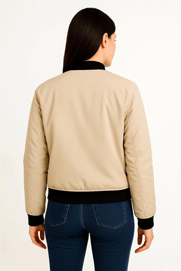 Lined zipper bomber jacket - beige - 2