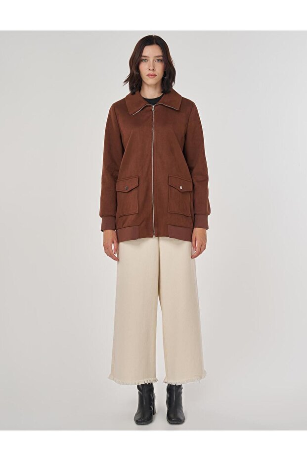 Fermuarlı Süet Ceket Camel - 3