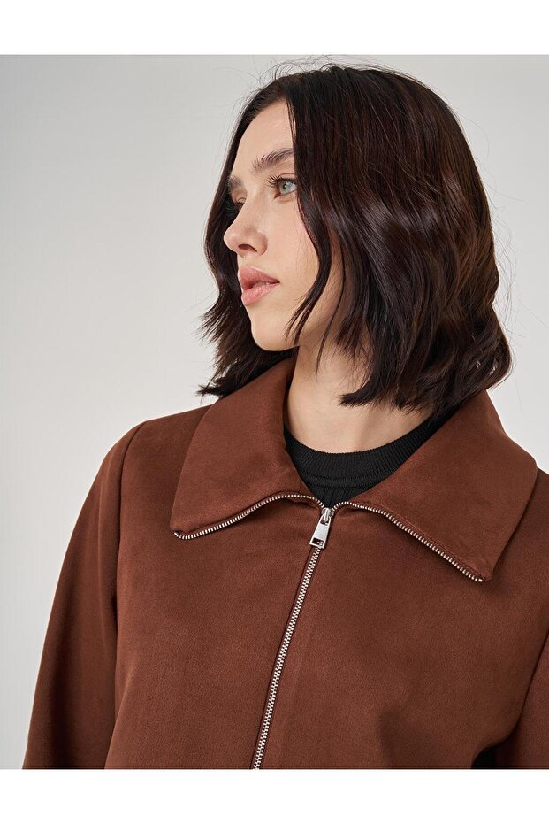 Fermuarlı Süet Ceket Camel - 7