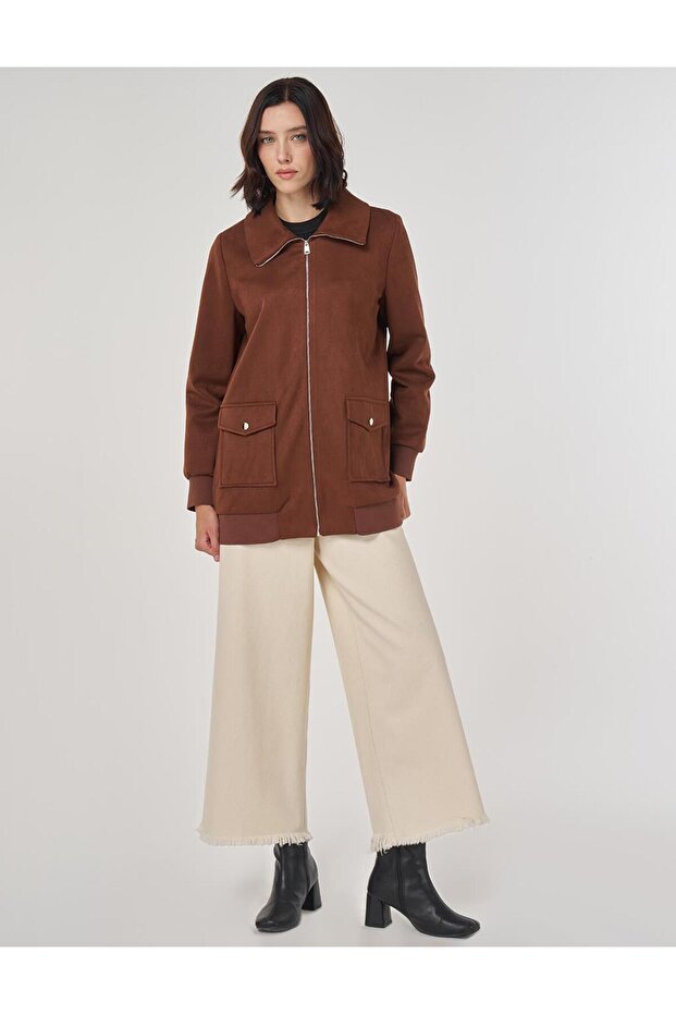 Fermuarlı Süet Ceket Camel - 2