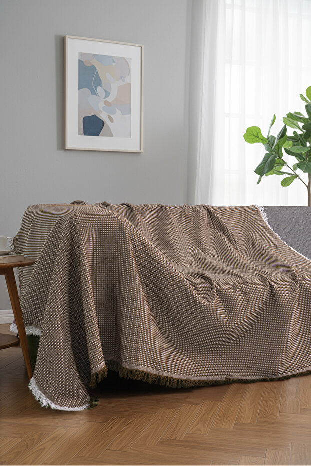 Cotton Textured Sofa Throw 170X220 cm – Fringed Tv Blanket & Decorative Sofa Cover