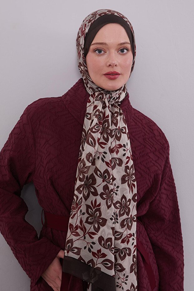 Bitter Brown Floral Patterned Vivian Shawl