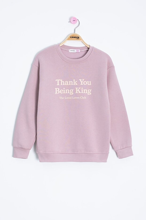Dusty Rose Letter Printed Crew Neck Girls' Raised Sweatshirt 23259