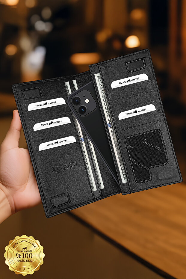 Petra Genuine Black Magnetic Wallet with Phone Compartment and Hand Holder