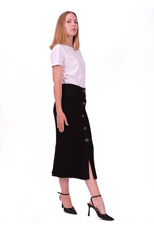 Triko Önden Düğmeli Midi Etek - 3
