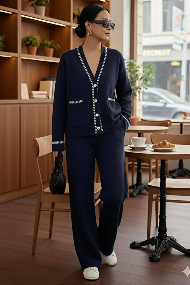 Cut Line Jacket Set H25306 Navy Blue