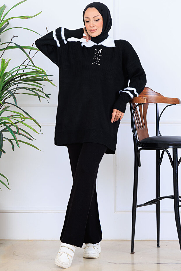 Stone Embroidered Knitwear Set S1009 Black