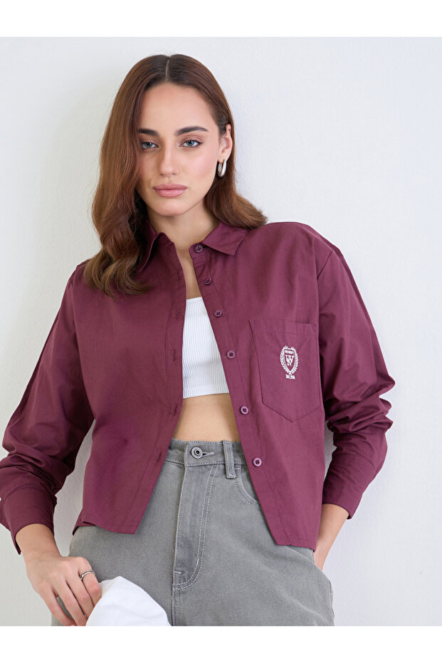 Burgundy Crop Boxy Shirt with Long Sleeves