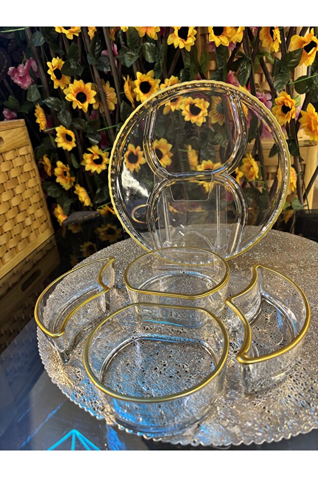 4-Compartment Snack Bowl with Stand Tray, Glass Bowl, Glass Breakfast Bowl, Decorative Serving Bowl, Luxury Breakfast Set