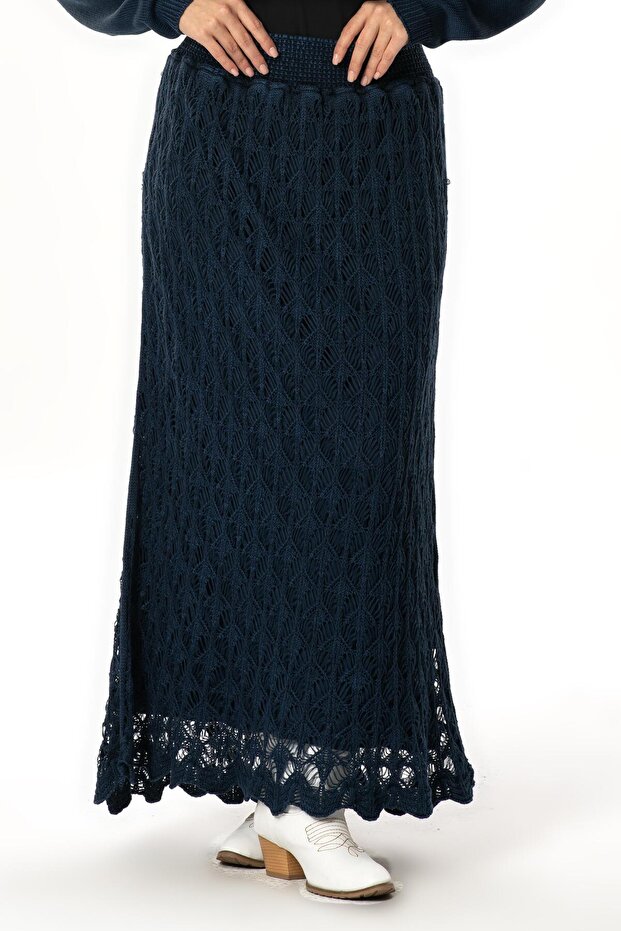 Elastic Waist Elvan Autumn and Winter Long Knitted Sweater Skirt Navy Blue Lcvt