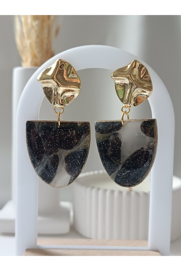 Black Shiny Glitter Night Party Women Earrings Marble Bone Pattern Polymer Clay Earrings Handmade