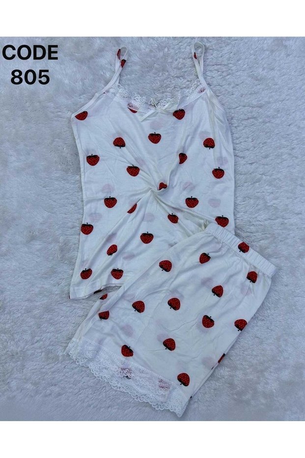 Women's White Strawberry Detail Rope Strap Shorts Pajama Set Lace Detailed Nightgown Dowry Soft
