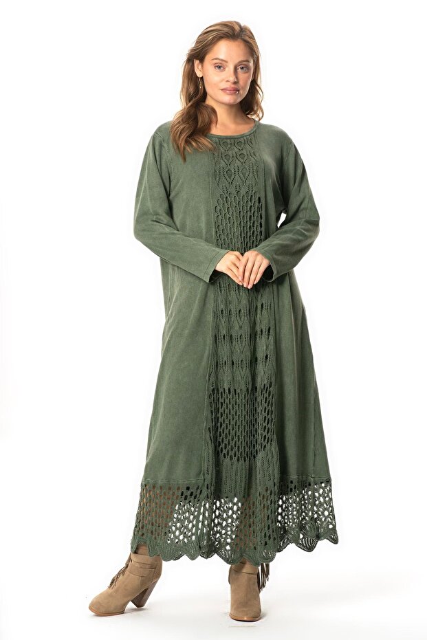 Long Sleeve Sena Ethnic Patterned Autumn and Winter Long Knitwear Dress Khaki Hk
