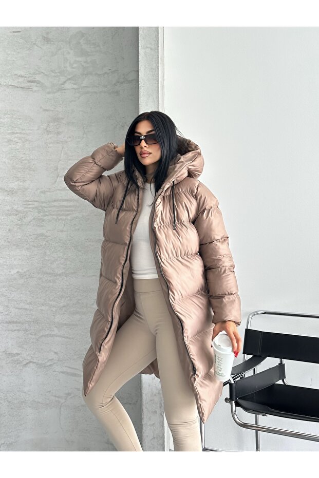 női zselés bélésű kapucnis cipzáras hosszú pehelykabát 251011 - 1