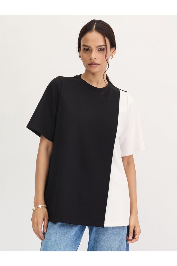 Black Color Block Oversized Top