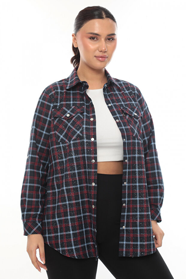 Plus Size Plaid Patterned Glitter Comfortable Fit Women's Shirt
