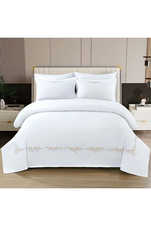 6Pc Plush Cotton Luxurious Embroidery King Size White Floral Comforter Set