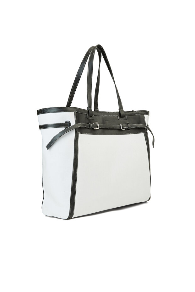 Bej Siyah Kadın Deri Çanta - 3