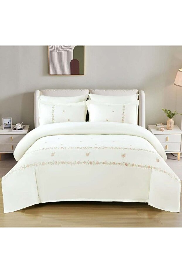 6Pc Plush Cotton Luxurious Embroidery King Size Off White Floral Comforter Set