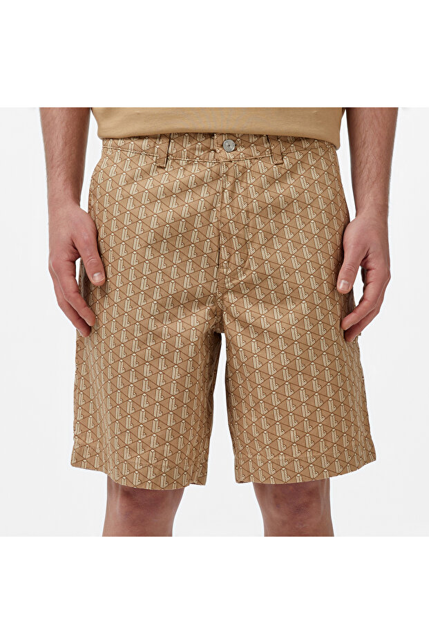 Erkek Loose Fit Monogram Bej Bermuda Şort - 4