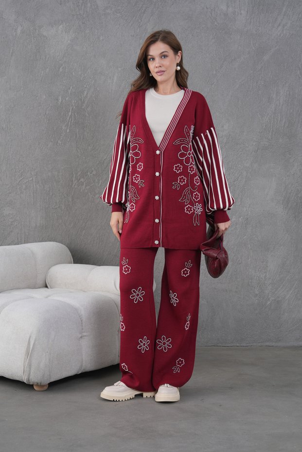 Women's Beaded Embroidered Wide-Fit Knit Cardigan and Pants Top and Bottom Set