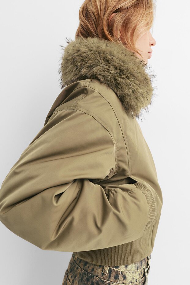 Suni kürk yakalı bomber ceket - 3